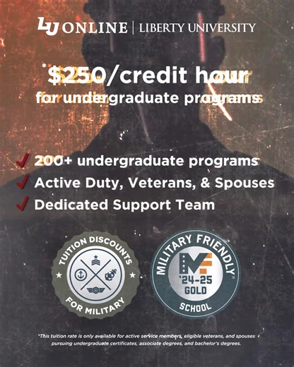 Earn your A.A. – Ph.D. for $250-$375/credit hour, and feel supported by our Office of Military Affairs from day one. It’s our honor to serve you—thank you for your selfless service. | Liberty University Online Programs