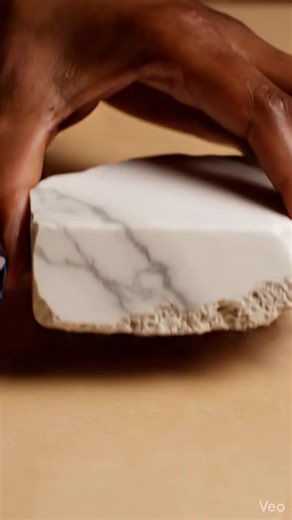 Marble ASMR in extreme macro. A solid fragment of Italian Carrara marble rests motionless as a palette knife applies slow vertical pressure. The stone cracks, collapses, and transforms into an ultra-creamy white paint, revealing liquefied grey veining and soft golden streaks exactly where the marble once sat. This no-talking ASMR transformation focuses on texture, resistance, and the long, satisfying smear. Soft stone fracture, granular crumble, and a thick, glossy spread create an oddly satisfy