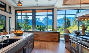 A luxury kitchen featuring panoramic mountain views through large windows, with a modern design, open concept, and high-end appliances. This space serves as real estate and interior design inspiration