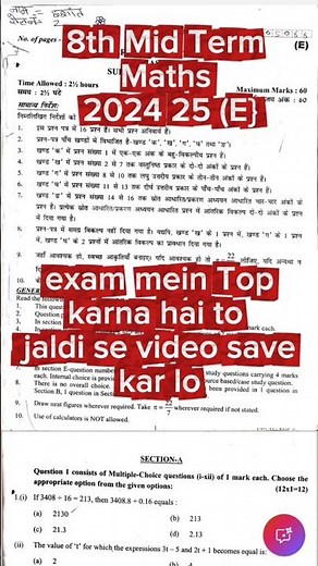 Class 8 Maths Mid Term PYQ 2024–25 Evening Shift | Full Question Paper for Practice #pyq #class8