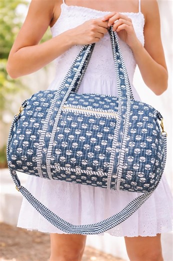 Handmade Quilted Cotton Duffle Bag, Blue Block Print Travel Bag - Etsy