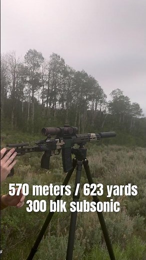 570 meters / 623 yards. 11” 300blk subsonic. Ruger American in a GMCS chassis with Dead Air Wolfman
