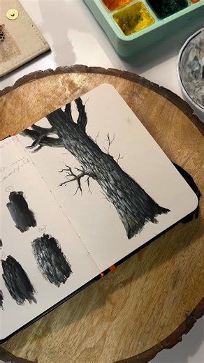 Fidha ✿ on Instagram: "Tree Bark Painting Tutorial with Gouache 🌳🎨 . brushes from @artifyartsupplies Goauche paints from @miyahimi.in @thoovi.arts sketchbook @menorahcreatif Step 1 – Sketch: Started with a clear sketch,not too rough, just enough to define the Trees shape. Step 2 – Base Wash: Mixed Black, Prussian Blue amd Burnt Umber. Applied a watery wash first to cover the whole area lightly. Step 3 – First Layers: Once dry, I added more paint to the darker parts ,using the same mix (Black +