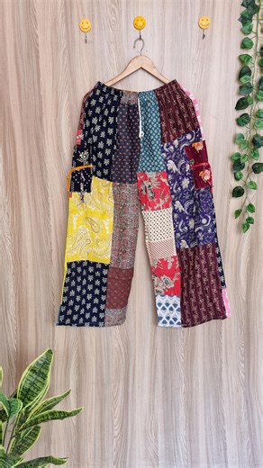 Patchwork palazzo pants, wide leg boho trousers, elastic waist