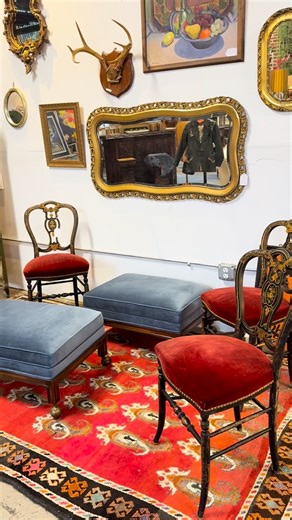 Baroque folding screen, gilded mirrors, and a healthy dose of velvet and sequins. It’s either Maplewood Mercantile or the dressing room of some pampered showgirl. Either way, we’re all in on this vibe. DM for details on any of the pieces shown here, or pop into the shop 10am to 5pm on Sunday. It’s a fabulous day for a trip to Maplewood, NJ. We’ve got vintage furniture, jewelry, and clothes in our 2800-square-foot showroom 🛋️🪞but it’s also the @maplewoodrecordfair over at the Woodland 🎧🪩 and 