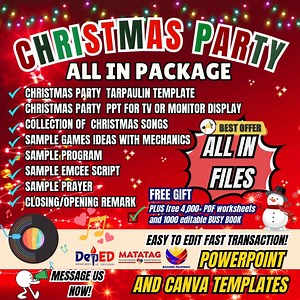 CHRISTMAS PARTY FILES 🥇 GET ALL FILES , EASY EDITABLE. ✅CLASSROOM CHRISTMAS PARTY TARPAULIN TEMPLATE ✅CHRISTMAS PARTY PPT FOR TV OR MONITOR DISPLAY ✅COLLECTION OF CHRISTMAS SONGS ✅SAMPLE GAMES IDEAS WITH MECHANICS ✅CHRISTMAS PARTY PROGRAM ✅SAMPLE EMCEE SCRIPT ✅SAMPLE PRAYER ✅SAMPLE WELCOME AND CLOSING REMARKS 😍PLUS free 4,000 PDF worksheets and 1000 editable BUSY BOOK 🖥️ Easy Editable 🖨️ Ready for Printing 💼 LESS HASSLE 🎈 EASY TO USE ⏳ SAVES TIME Affordable, Quick, and Easy Transactions! P