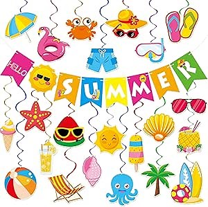 Summer Party Decorations - 61 Pcs Beach Pool Party Decorations Hello Summer Banner Pool Beach Hanging Streams Decor for Home Office School Classroom