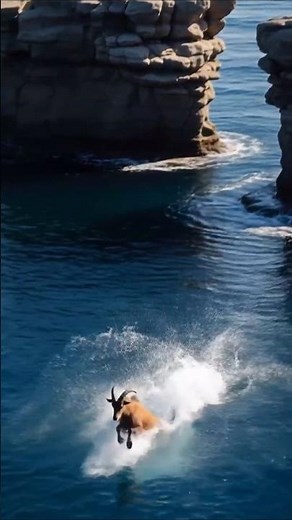 Mountain Goat Leaps from Cliff into Ocean