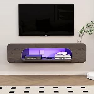 Floating TV Stand with LED Lights, 58'' Wall Mounted TV Shelves with 1 Open Shelf, Modern Entertainment Media Console Center Large Storage Shelf Under TV for Living Room (57.48IN, Dark Grey)