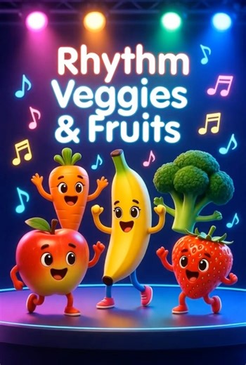 A colorful 3D cartoon animation of dancing fruits and vegetables on a glowing stage with neon lights