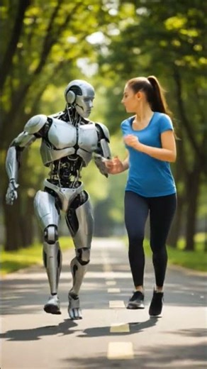 girl with robot running in the morning #world #shortsfeed #race #robot #aiart