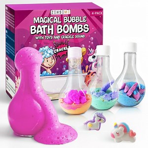 Kids Bath Bombs Powder with 12 Mini Unicorn Toys Inside – Bubble for Kids with Natural Essential Oils – Bubble Bath Magic Science Kit - Blast of Fizzy Foamy & Eruption Colors – Gift Set of 4