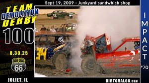 Everyone loves a good sandwich, whether served on bread or within demolition derby track. Well, unless you’re the main course in the middle. #33 Joe Snow and #34 Johnny Ryan of the Junkyard Dogs busted out their culinary crushing skills and took a major bite out of Seek-n-Destroy's #22 Robbie Stahulak! The mid-70’s Thunderbird looked more like a torn apart chicken wing after this one. A big combo shot that effectively ended the running threat of Seek-n-Destroy in the race and put an exclamation 