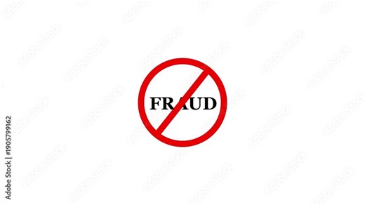 Fraud prohibition sign animation, white background. Caution warning symbol, alert, error sign, security protection. Fraud text looping animation. 4K Video motion graphic.