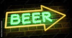 Neon beer sign shows Direction bar or pub. Brewery signage for a cafe or restaurant - 4k