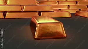 Animated realistic bar of copper in dark space 2. 360 degree camera tracking (no rotation). Extra stocks of copper bars in the background.