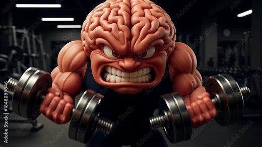 Angry brain character lifting dumbbell gym with muscle strain weightlifting strength workout