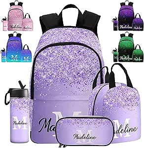 MyPupSocks Custom Backpack for Girls, Personalized Sparkle Glitter Monogram Bag Schoolbag Casual Daypack Customized Girls Lunch Box Bag Travel Laptop Bag Backpack for Kids Teens Travel Picnic