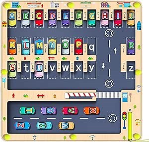 Magnetic Alphabet Maze Letter Puzzle Board, NOWRICH Montessori Toys for 2 3 4 5 Years Old Boys Girls, Magnet Alphabet Learning Car Parking Maze Toys for Kids 3-5, Christmas Birthday Gifts for Toddler