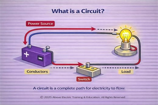 ⚡ What is a Circuit? (Day 1 Fundamentals) Before you can understand voltage, amps, or Ohm’s Law… You have to understand THIS. A circuit is simply: 🔋 A power source 🧵 Conductors (wires) 💡 A load (light, motor, device) 🔘 A switch (optional control) All connected in a complete loop. No complete path? No current flow. No operation. Electricity must leave the source, go through the load, and return back to the source. That closed loop is called a closed circuit. This is the foundation of everythi