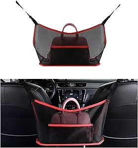 Ziciner Car Net Pocket Handbag Holder, Organizer Mesh Bag Between Two Seat, Driver Storage Netting Pouch for Handbag Purse, Barrier of Backseat Pet Kids, Car Accessories for Women Men (Black&Red)