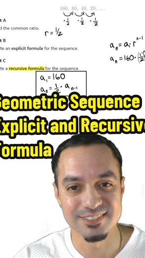 Andre Vaquero ▫️ Virtual Tutor ▫️ Mathematics on Instagram: "Geometric sequences can be written two different ways, and both matter. The explicit formula jumps straight to any term: aₙ = a · rⁿ⁻¹, where a is the first term and r is the common ratio. The recursive formula builds the sequence step by step: a₁ = a, and aₙ = r · aₙ₋₁. Explicit is for speed, recursive is for understanding the pattern. Know both, and geometric sequences stop being confusing. #MathRescue #Algebra2 #GeometricSequences #