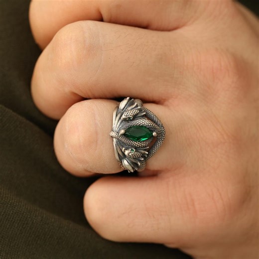 Gothic Serpent Ring, Emerald Green Dragon Eye Ring, Handmade Snake Ring, Mythical Fantasy Jewelry, Unique Statement Ring, Men, Women - Etsy