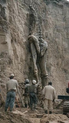 Quarry Excavation Exposes Fossil Embedded in Vertical Rock Wall