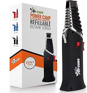 Power Camp Butane Torch Refillable – Blow Torch With Rotatable Head + Safety Lock & Adjustable Flame - Culinary Kitchen Torch, Creme Brûlée Torch for Camping, Food, Baking, BBQ By Jo Chef