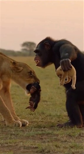A Lion Holds a Baby Gorilla… But the Gorilla Holds the Lion’s Cub