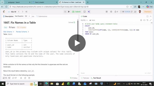 Today I solved a neat SQL problem that’s all about data cleaning — something every analyst faces in real projects. The task: standardize user names so that only the first character is uppercase and… | Jitesh Sharma