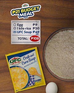 45K views | Egg—------- ₱9 1 kilo rice —-₱50 UFC Soup—₱49 —--------------------- ₱108 ÷ 5 servings TOTAL: ₱21 isang meal na! 北 Mag UFC Soup-Rice na for a sarap-sulit, satisfying meal. ✅ Big bits ✅ Big busog ✅ Big tipid Order now: 北 https://bit.ly/LAZSoupRice  https://bit.ly/SHPSoupRice #TheSouperChoice #UFCSoupRice ASC Ref No. N0193P022025U | UFC World Class | Facebook