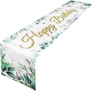 DDLP Sage Green Birthday Decorations Table Runner Happy Birthday Sign Glitter Gold Green Leaves Birthday Table Decorations for Women Men Girls Boys, 13x70 inch, 5D51E505