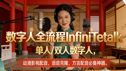 【ComfyUI】数字人全流程 InfiniTetalk 单人/双人数字人对口型， AI唱歌，语音克隆，方言配音必备神器，AI本地部署零成本底显存可运行