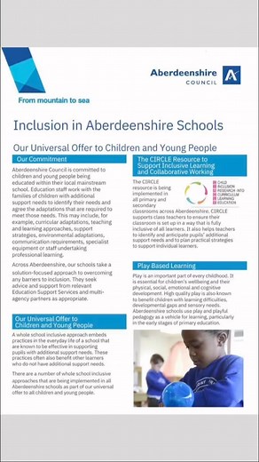 Inclusion in Aberdeenshire Council schools The attached leaflet outlines the universal offer made to children and young people in Aberdeenshire schools to support inclusion, equity and wellbeing. Susan Smith, Head of Education and Chief Education Officer is sure your child’s school would be happy to provide more details should you wish to find out more about any of the approaches outlined within the leaflet. | Autism Specific Consultancy Services Scotland