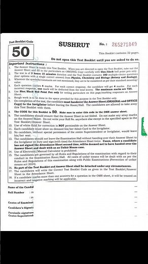 NEET 2026 Question Paper Booklet Code 50 | SUSHRUT Exam Instructions & Pattern