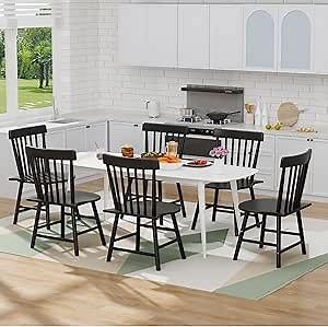 Windsor Dining Chairs Set of 6, Farmhouse Dining Chairs with Spindle Back and Exquisite Wooden Seat, Kitchen Chair Waterproof for Indoor & Outoor, Black