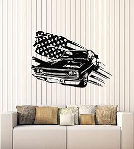 Vinyl Wall Decal Muscle Car Auto Garage USA American Flag Stickers Mural Large Decor (g1491) Black