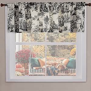 Black and White Farmhouse Kitchen Valances for Windows,Toile Country Decor Print Sheer Rustic Theme Pattern Design Rod Pocket Cream Cotton Valance Curtains for Living Room Bathroom Set,18 Inch Length