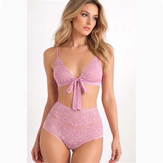 Pink Lace Bralette and High Waisted Panty Set - 2 Piece Floral Embroidered Lingerie - Romantic Bridal Nightwear - Gift for Her - Etsy Australia