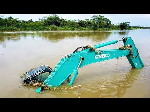 Excavator Accident Sink Underwater Heavy Recovery Kobelco SK200 Extended