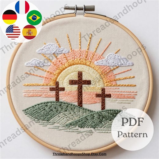 Christian Easter Cross Embroidery Pattern (PDF), Sunset Hill Hoop Art, Religious Design - Etsy