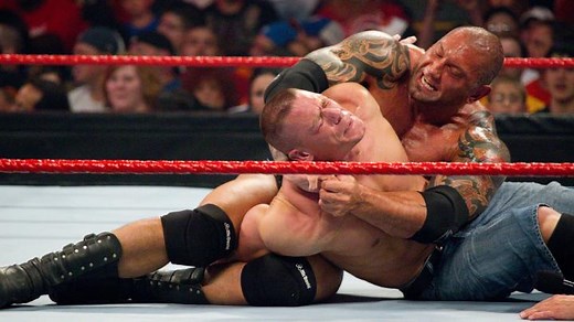 The WWE Championship is on the line as John Cena and Batista battle all over the arena in an “I Quit” Match at Over the Limit 2010: Courtesy of Peacock and WWE Network. | WWE