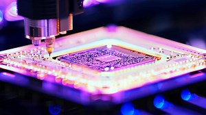 Download Microchip production printing processor CPU component AI memory storage microelectronics assembly semiconductor technology industry manufacturing computer circuit board equipment for free