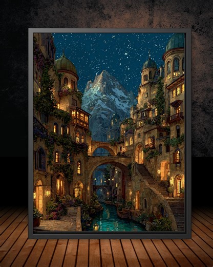 City of Starlight Alpine Village Wall Art Print, Starry Sky at Night Cityscape Painting - Etsy
