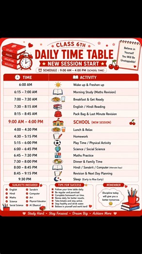 Class 6 Daily Time Table 2026 📚 | New Session Study Routine | Best School Timetable for Students