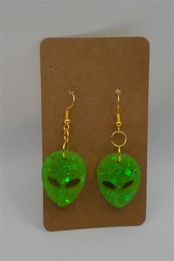 Green Sparkly Dangling Alien Resin Earrings - Etsy