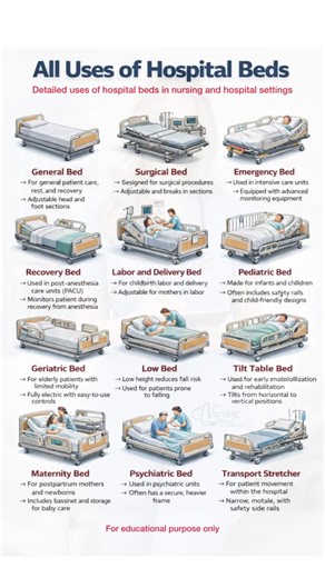 NCLEX IMPORTANT | Types & Uses of Hospital Beds 🏥 -Understanding hospital bed types and their uses is a must for NCLEX & nursing exams. From general care to emergency, maternity, pediatric, and psychiatric units, correct bed selection improves patient safety, comfort, and outcomes. ✨ Save this post for quick revision! 💬 Comment “NCLEX” if you want more exam-oriented nursing content. #NCLEX #NCLEXRN #NCLEXPrep #NursingStudent #nursingschool | The Nursing Mind