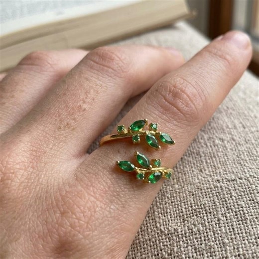 Elegant Gold Leaf Wrap Ring With Green Gemstones | Adjustable Nature Inspired Vine Ring for Women Gift Jewelry - Etsy