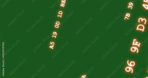 Hex tokens spawning drifting diagonally rotating scaling forming neon data stream on transparent bg